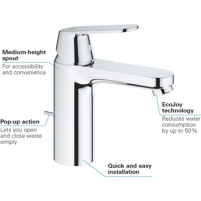 Змішувач для ванної кімнати Grohe Eurosmart Cosmopolitan, хром, 30 см, водозберігаючий, з витяжною системою