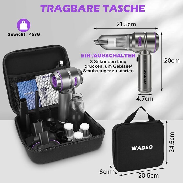 Акумуляторний ручний пилосос WADEO 3 в 1 для авто та дому, 18000Па, 3 швидкості, потужний обдув, 7500 мАг