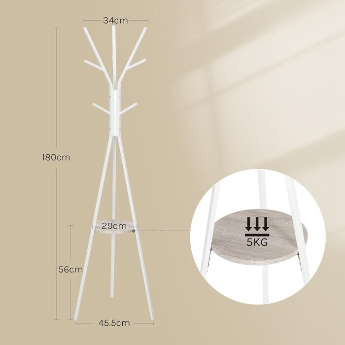 Вільна стійка для одягу WOLTU у вигляді дерева з полицею та 9 гачками, для одягу, шапок та сумок, біла, металева