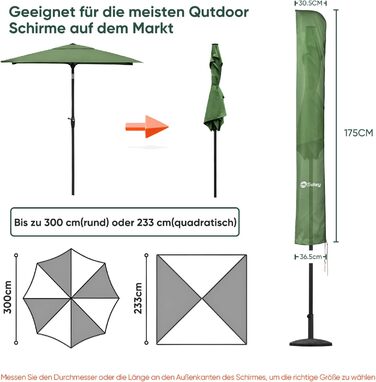 Захисний чохол Sekey для парасольки 300 см | З монтажним стрижнем та блискавкою (175×30,5/36,5 см) – Водонепроникний, UV 50+ (175 см x 30,5/36,5 см, М'ятний)