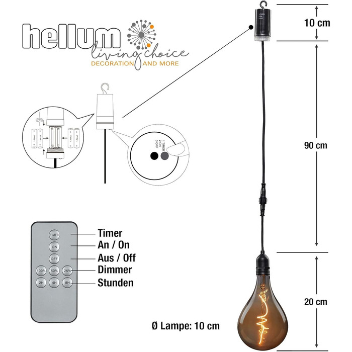 Підвісний світильник Hellum з батареєю та пультом дистанційного керування на вулиці, A100 Ø 10 x 20 см, димчаста лампочка з батареєю, ретро-підвісна лампа з регулюванням яскравості, підвісна підвісна батарея (4xAA не входить у комплект) 150445 димчасто-сі