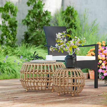 Outsunny Набір з 2 бічних столів Poly Rattan Ø66/42 см Круглий стійкий до погодних умов садовий стіл зі скляною стільницею Відкритий балконний столик Журнальний столик Садові меблі для саду, балкон коричневий