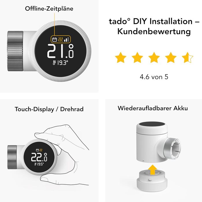 tado Smartes Heizkörperthermostat X – Набір з 3 шт., керування опаленням через додаток (Alexa, Siri, Google Assistant), енергозбереження, проста установка