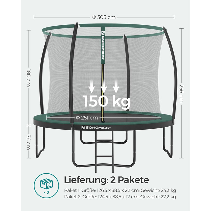 Батут SONGMICS садовий Ø366 см з захисною сіткою, драбиною та м'якими стійками, чорно-зелений