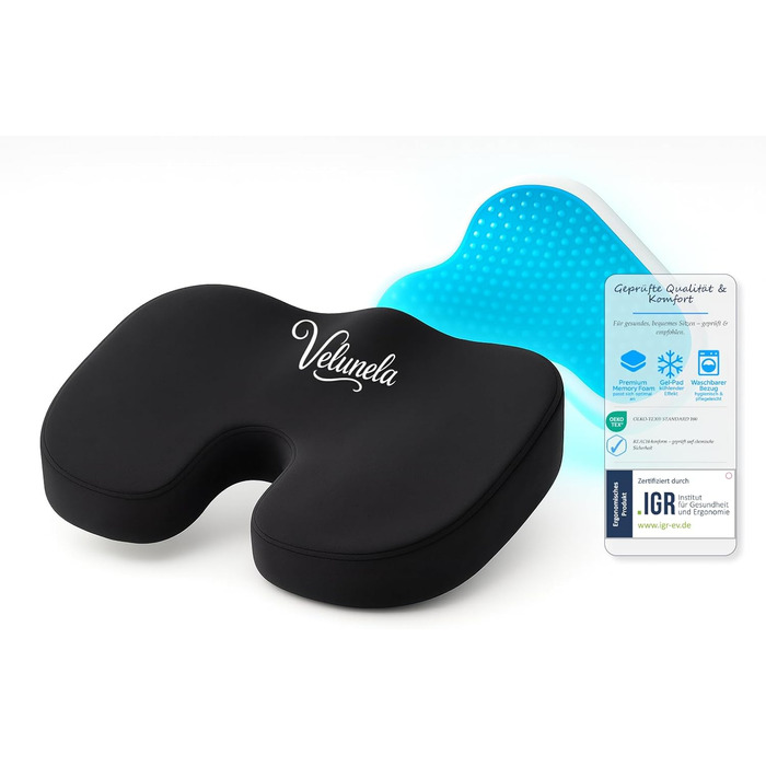 Гелеве сидіння з піною Memory Foam, сертифіковане IGR – ергономічна подушка для офісу, авто та дому (чорний)