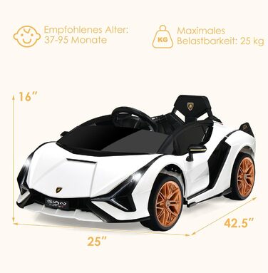 Дитячий електромобіль Lamborghini 12V COSTWAY з пультом, MP3, радіо, музикою та LED-фарами, для дітей 3-8 років, білий