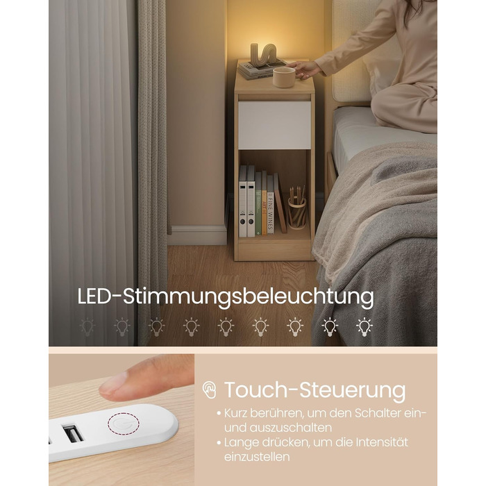 Приліжкова тумбочка VASAGLE з LED-підсвічуванням, USB-A та USB-C, шухляда та відкрите відділення, для спальні/вітальні, білий колір (LET60W0)