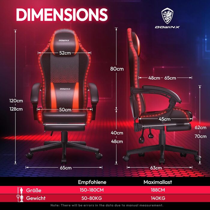 Ігровий крісло Dowinx з RGB підсвічуванням, LED, з підніжкою, для дорослих, ергономічний, з масажем попереку, PU шкіра, білий (червоний)
