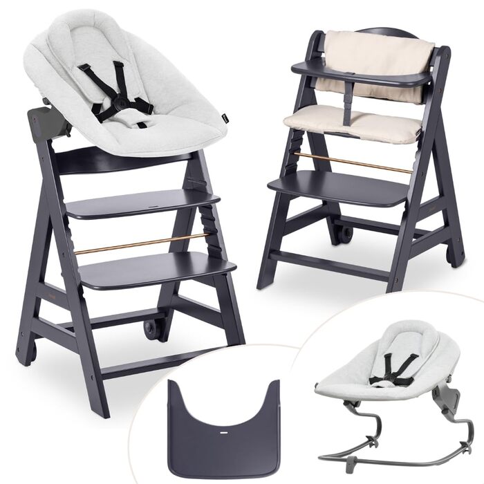 Високий стільчик для годування Hauck Beta+ Newborn Set Premium Dark Grey - комплект для новонароджених, з підставкою для ніг, м'яким сидінням та підносом - сірий колір