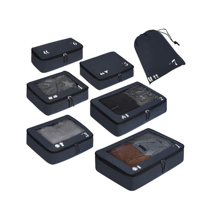 Набір органайзерів для подорожей ECOHUB для валізи, 7 предметів, екологічні пакувальні куби з переробленого PET, темно-синій