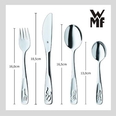 Дитячий набір столових приборів WMF Kinderbesteck з гравіюванням, нержавіюча сталь, 4 шт., придатний для миття в посудомийній машині, подарунок на хрещення, набір столових приборів для дітей від 3 років, з зображенням тварин