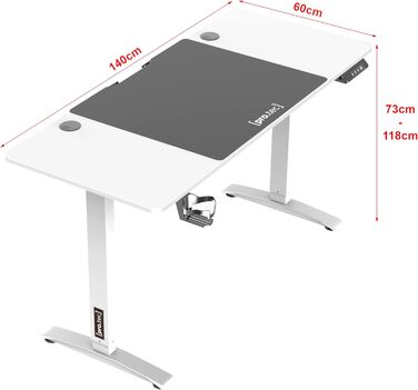 Стіл pro.tec регульований по висоті 140x60см електричний, функція пам'яті, тримач для чашки, гачок для навушників, до 80 кг, білий