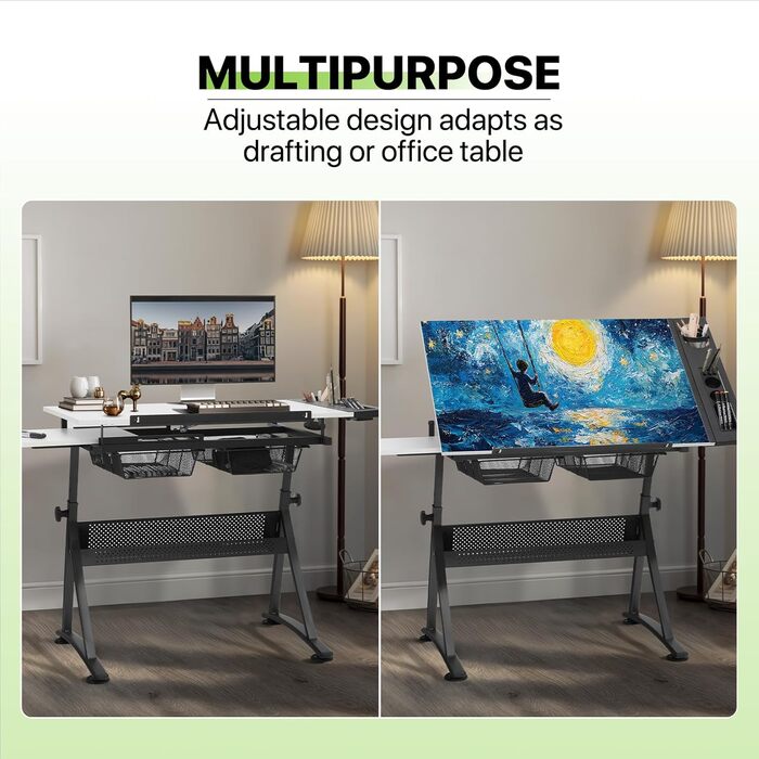 Набір мольбертів Magshion: регульований стіл для художника з нахиленою дерев'яною стільницею, стілець та 2 висувними ящиками для зберігання. Підходить для дому, офісу та школи (білий/чорний)