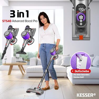 Бездротовий акумуляторний пилосос KESSER® з LED дисплеєм, до 60 хв роботи, тихий, без мішка, з антизаплутуючою насадкою, HEPA фільтром, аромакапсулою (чорний/сірий)