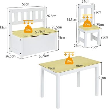 Дитяча меблева група COSTWAY з місцем для зберігання: стіл для малювання з 2 стільцями та лавка. Зроблено з екологічного дерева FSC, для дітей від 3 років (сірий/натуральний колір)