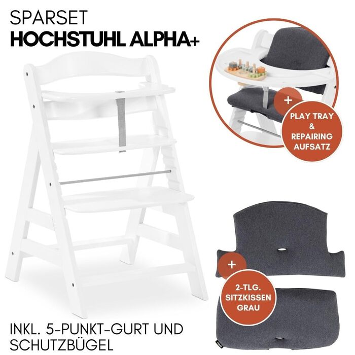 Дитячий стільчик Hauck Alpha+ з підносом Play Tray, накладка Play Repairing та сидіння - Регульований стільчик для годування з дерева, від 6 місяців, білий