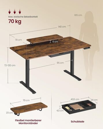 Стіл письмовий регульований по висоті VASAGLE з підставкою для монітора, шухлядою, USB-C та нагадуванням про перерви, 140 x 70 см, Vintage Brown