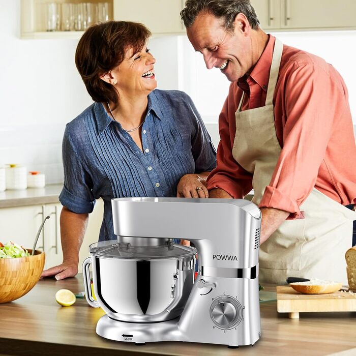 Кухонна машина POWWA 5.5L з 6 швидкостей, 1500W, для замішування тіста, з міксером, гаком для тіста та захистом від бризок (срібна)