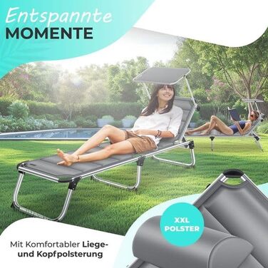 Кесер® Сонячне ліжко Sun з дахом: розкладне ліжко для саду, пляжу та відпочинку. Алюмінієвий каркас, регульована спинка, зручний матрац, сірий колір.