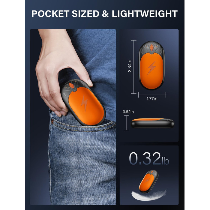 Електричні грілки для рук 2 шт. - легкі, перезаряджувані, з 3 режимами нагріву, до 24 годин роботи, USB, для активного відпочинку взимку (Оранжевий)