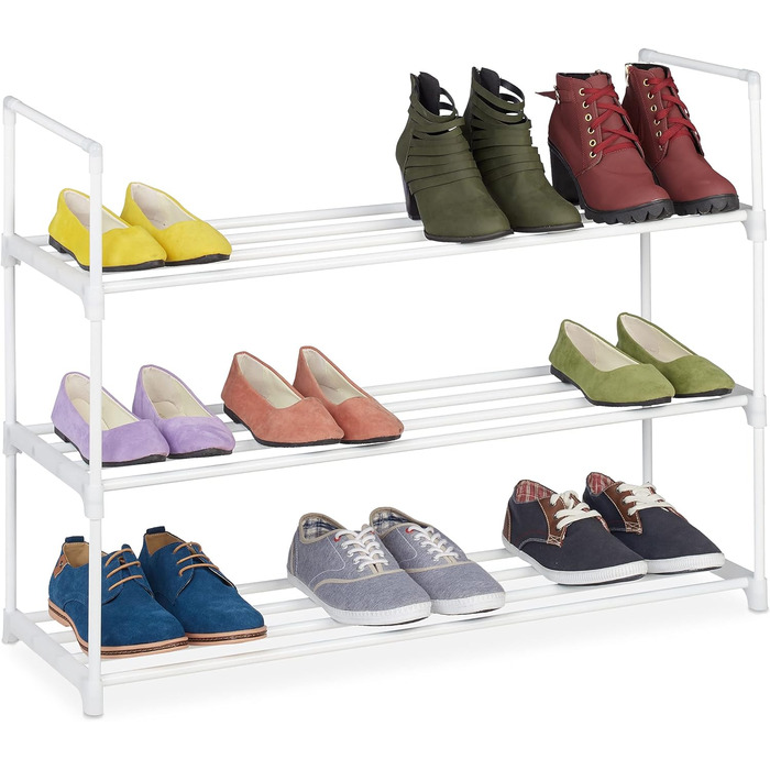 Полиця для взуття, вставна система, 16 пар взуття, передпокій, розширюваний, метал і пластик, полиця для взуття, біла, 10036200349 (3 рівні)
