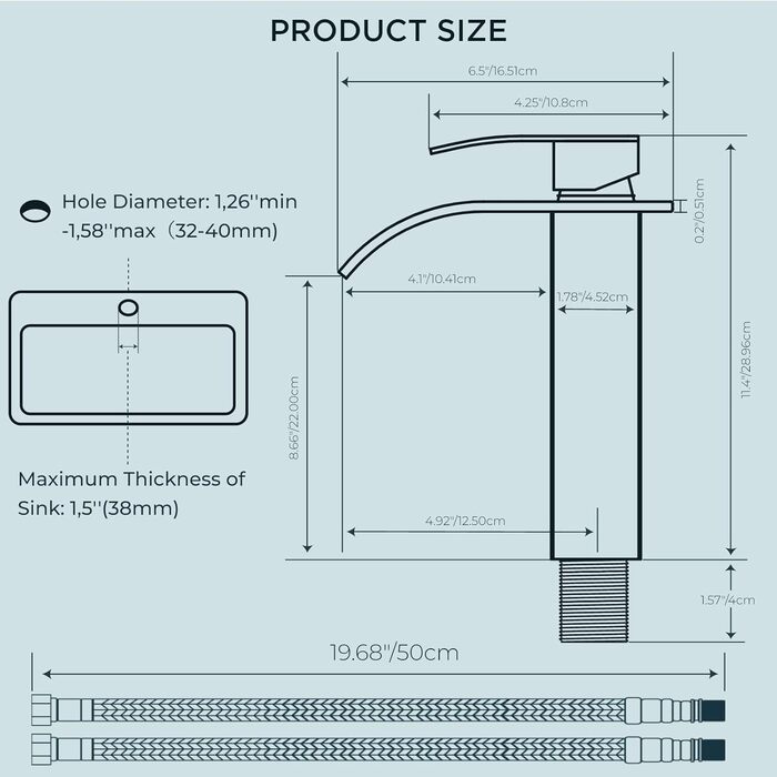 Змішувач для ванної кімнати FORIOUS з водоспадом, одноручний, для умивальника, хром, висота виливу 80 мм, економія води та енергії