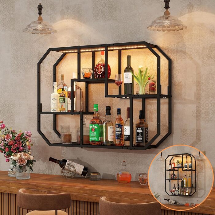 Підвісні полиці YU YUSING з RGB підсвічуванням 7 кольорів, геймерські полиці з 8 гачками, полиці для демонстрації, настінна вітрина з 2 скляними полицями, підвісна вітрина для спальні, кухні, бару, ігрової кімнати, шестигранна (чорний колір)