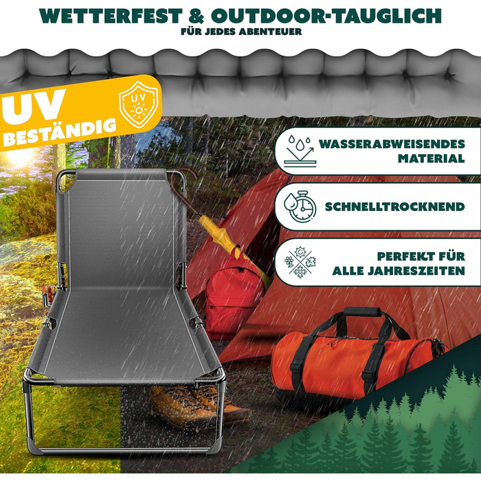 Розкладне кемпінгове ліжко KESSER з преміум-матрацом та подушкою, 190x68x30 см, витримує до 250 кг, з кишенею та підстаканником, антрацит