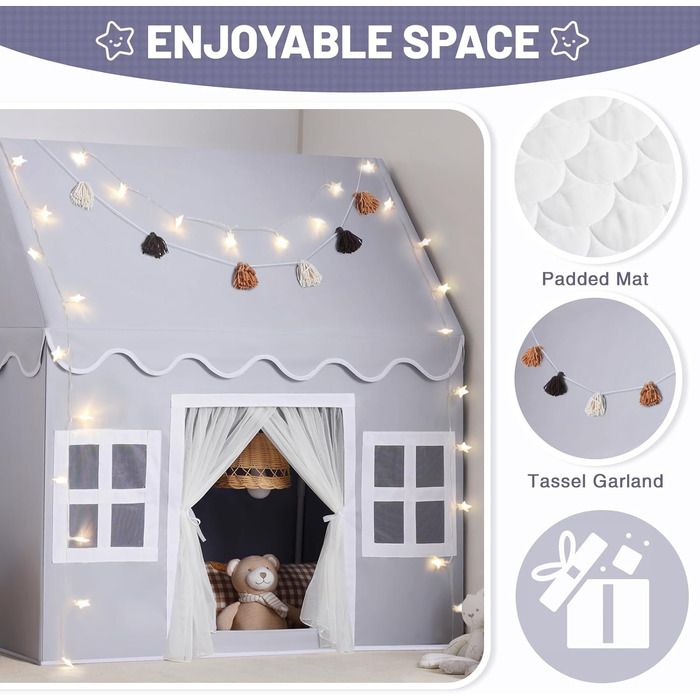 Дитячий намет Wilwolfer з килимком для малюків: Принцесин будиночок з бахромою для дівчаток та хлопчиків - Великий намет для гри в приміщенні та на вулиці (Мишачий сірий)