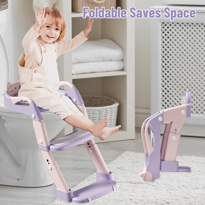 Дитячий унітаз-сходи 3-в-1 з поручнями, регульована висота, рожевий - тренажер для привчання до горщика