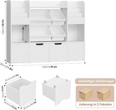 FOREHILL Дитяча полиця для іграшок та книжок, меблі для дитячої кімнати, полиця для дитячої з 2 ящиками на колесах, шафка для дитячих речей з 4 ящиками, 126x30x104 см (Білий/Рожевий)