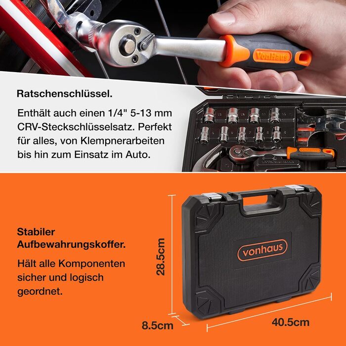 Набір інструментів VonHaus 120 предметів в кейсі: LED ліхтарик, рулетка 3м, шестигранники, DIY для початківців