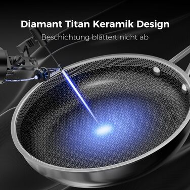 Набір сковорідок DiamondTitan з нержавіючої сталі, 3 шт. (20+24+28 см), антипригарне покриття з кераміки, для всіх типів плит, лазерне різьблення у вигляді стільникової структури, не нагрівається ручка, придатні для миття в посудомийній машині