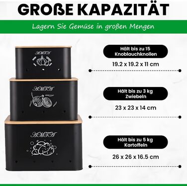 Набір контейнерів для зберігання картоплі, цибулі та часнику (3 шт) – Преміум-контейнери з циркуляцією повітря, вінтажний стиль, чорний колір