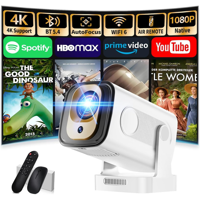 Портативний проєктор Mini Beamer 4K Full HD 1080P з Wi-Fi 6 та Bluetooth 5.2 (270° оберт, автоматична корекція трапеції, HDMI, USB, для ноутбука, білий) NT10-White