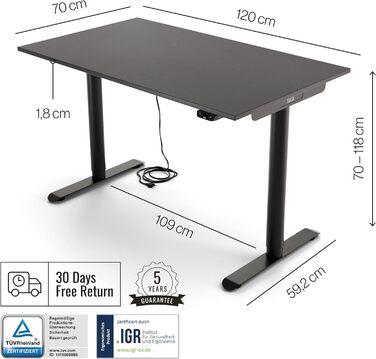 Дитячий стіл Yaasa Desk Basic S регульований по висоті, 120x70 см, чорний, incl. key замок і USB-порт для зарядки, стіл Антрацит 120 x 70 см