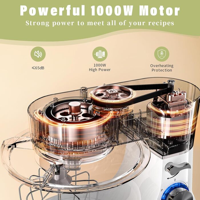 Кухонна машина Zuccie з тихою роботою, місткістю 5л, з нержавіючою чашею, 3 насадки, сплітц-захист, скребок для тіста та роздільник яєць, 8+ швидкостей.