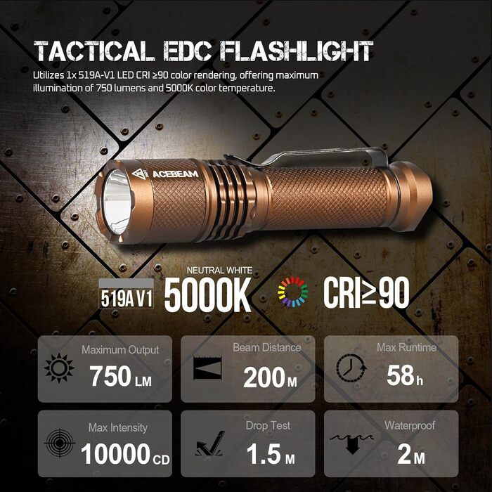 Тактичний EDC-ліхтар ACEBEAM TAC AA, 1000 люменів, радіус дії 280 м, акумуляторний, Coyote нейтральний білий