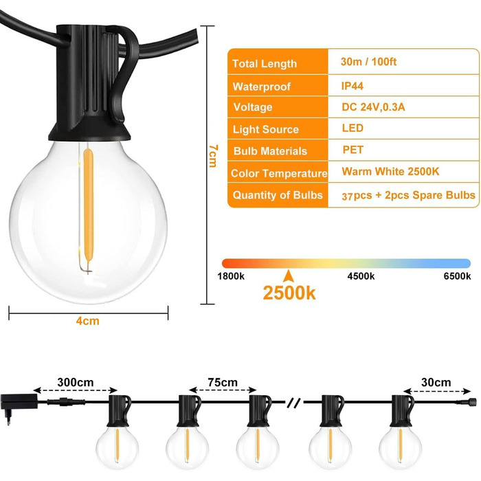 LED гірлянда для зовнішнього використання, 30 метрів, диммування, водонепроникна IP44, для балкона, тераси, саду, вечірок, святкування