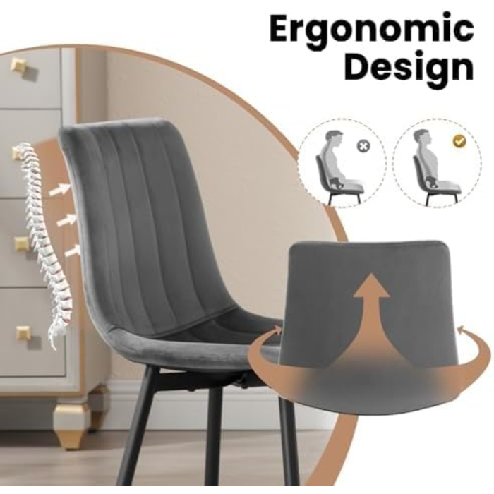 Набір обідніх стільців 6 шт. для кухні, вітальні, спальні. М'які стільці з металевими ніжками, оксамитова сидіння, темно-сірий колір.