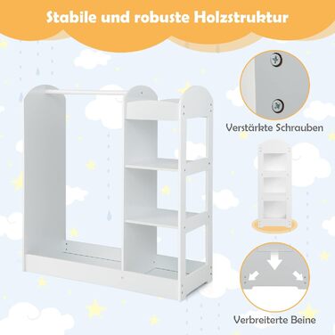 Дитяча шафа DREAMADE з дзеркалом та штангою для одягу, з 4 відкритими полицями, 93,5x38x100 см (Біла)