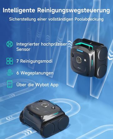 Робот-прибиральник для басейну WYBOT C2: акумуляторний, для вбудованих басейнів до 150㎡, подвійне фільтрування, 3-моторний, сильна тяга, підйом по стінах, очищення лінії води, 180 хв, керування через додаток (чорно-зелений-сірий)