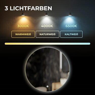 Дзеркало для ванної кімнати BR Bringer LED, діаметр 80 см, з підсвічуванням, протизапітнінням, регулюванням яскравості, енергозбереженням, 3 кольори світла, сенсорне керування та функція пам'яті (BRRS201)