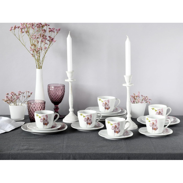 CreaTable Серія Square Orchidee: 18-частинний порцеляновий кавовий сервіс на 6 осіб, для кави, миття в посудомийній машині та використання в мікрохвильовій печі