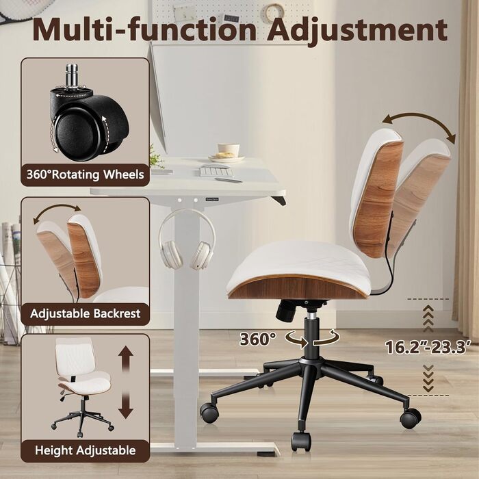 Крісло офісне без підлокітників Clatina з роликами, регульоване по висоті, шкіряне, поворотне, для комп'ютера, середньою спинкою, сучасний стиль горіхового дерева, для дому, офісу, конференц-залу, білий, 1 шт.