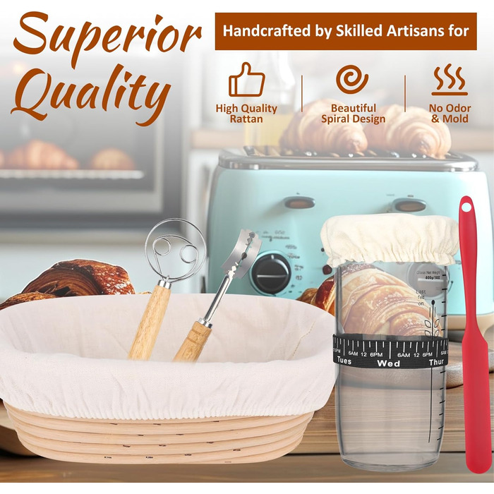 Набір для бродіння та випікання хліба: корзинка 25 см, набір 7 предметів, скляна тара 700 мл, 100% натуральний ротанг