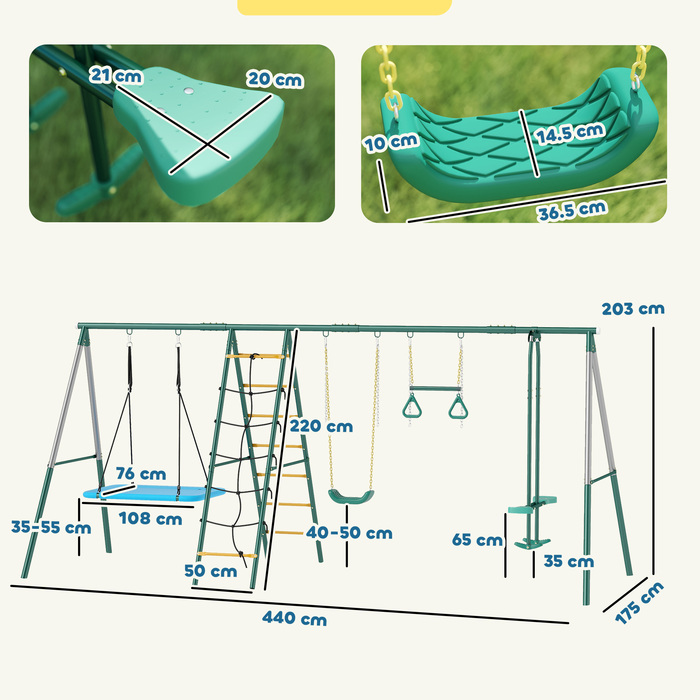 Комплекс для ігор 5-в-1 з регульованою гойдалкою-гніздечком, кільцями для гімнастики, двомісною гойдатю та комплексом для лазіння, призначений для дітей 3-8 років, розміром 440x175x203 см.