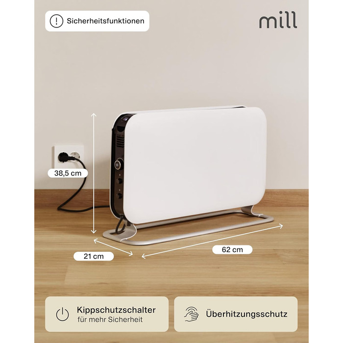 Електричний конвекторний обігрівач Mill 2200W - для кімнат 24-28 м², з таймером, білий