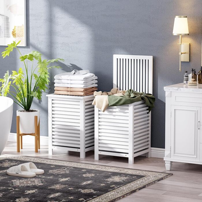 SMIBUY Великий кошик для білизни з бамбука з кришкою для зберігання одягу, іграшок та рушників (горіх) (білий)