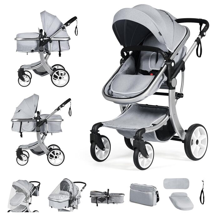 Дитяча коляска 2 в 1 Costway, комбінована, з регульованою спинкою, підніжкою, капюшоном, москітною сіткою, для дітей до 3 років (сіра)
